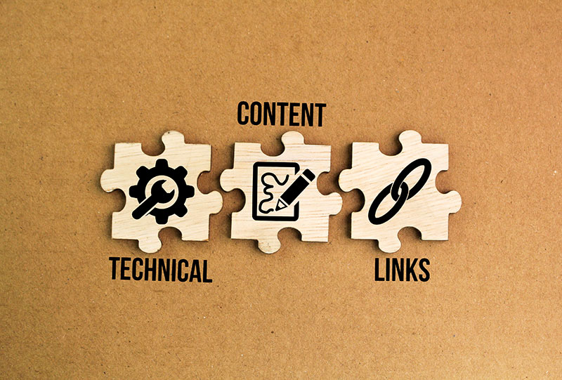 three parts of seo including technical content and link building representing emerging trends like ai and voice search