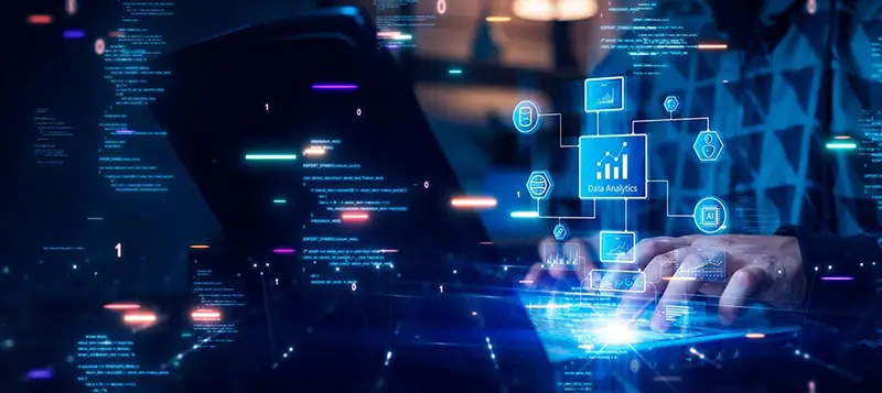 Hands typing on a laptop with holographic data analytics, representing enterprise SEO data-driven strategies and technology.