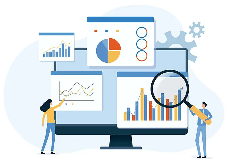 Illustration of people analyzing graphs and charts, representing On Page SEO optimization.