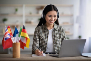 happy woman using voice search to learn and explore job opportunities highlighting voice search optimization in recruitment